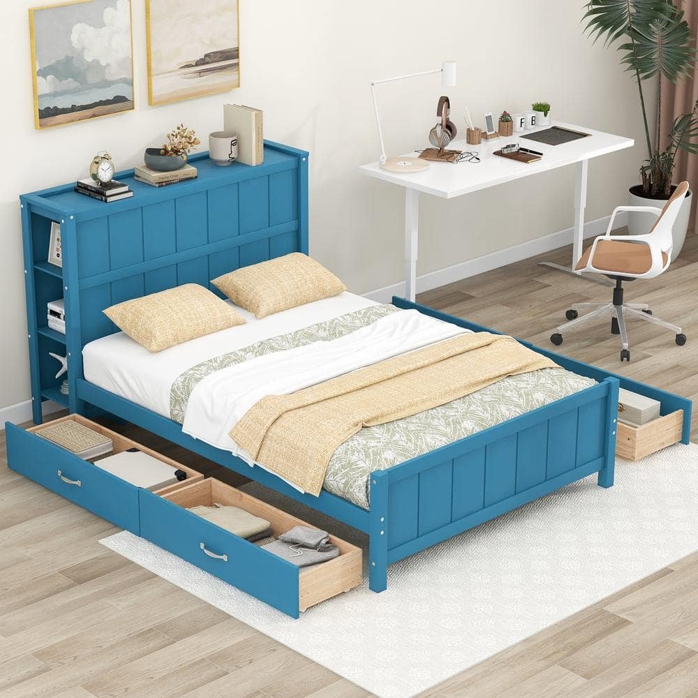 Blue Wood Frame Full Size Platform Bed with 4-Drawers and 6-Storage Shelves