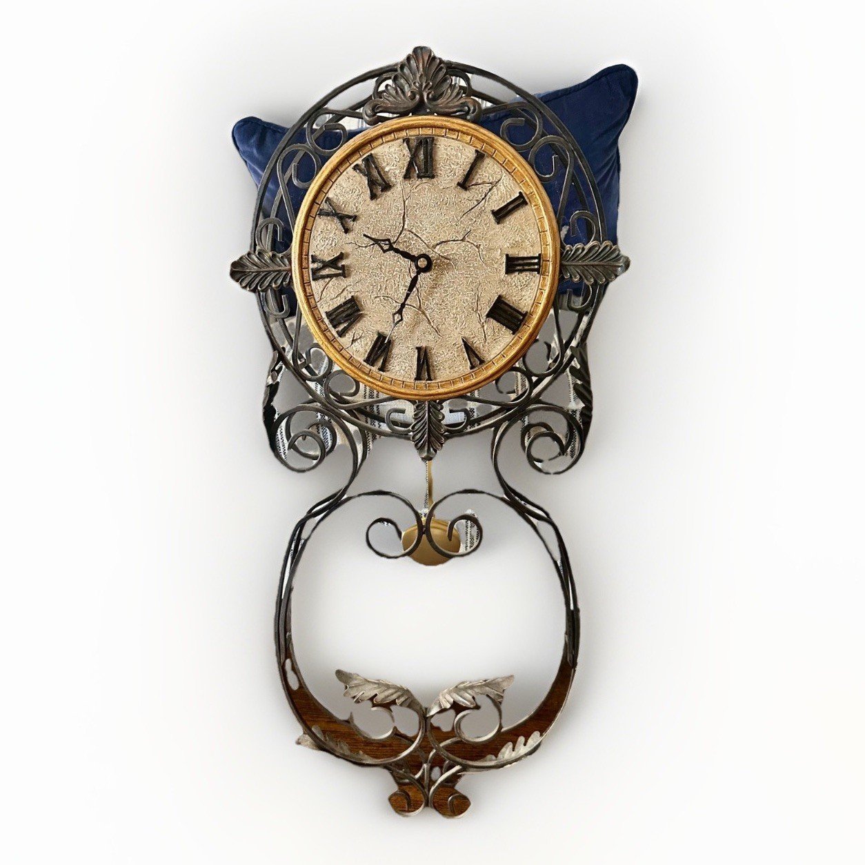 Bombay Vintage Ornate Wrought Iron Wall Clock With Pendulum Roman Numerals Works