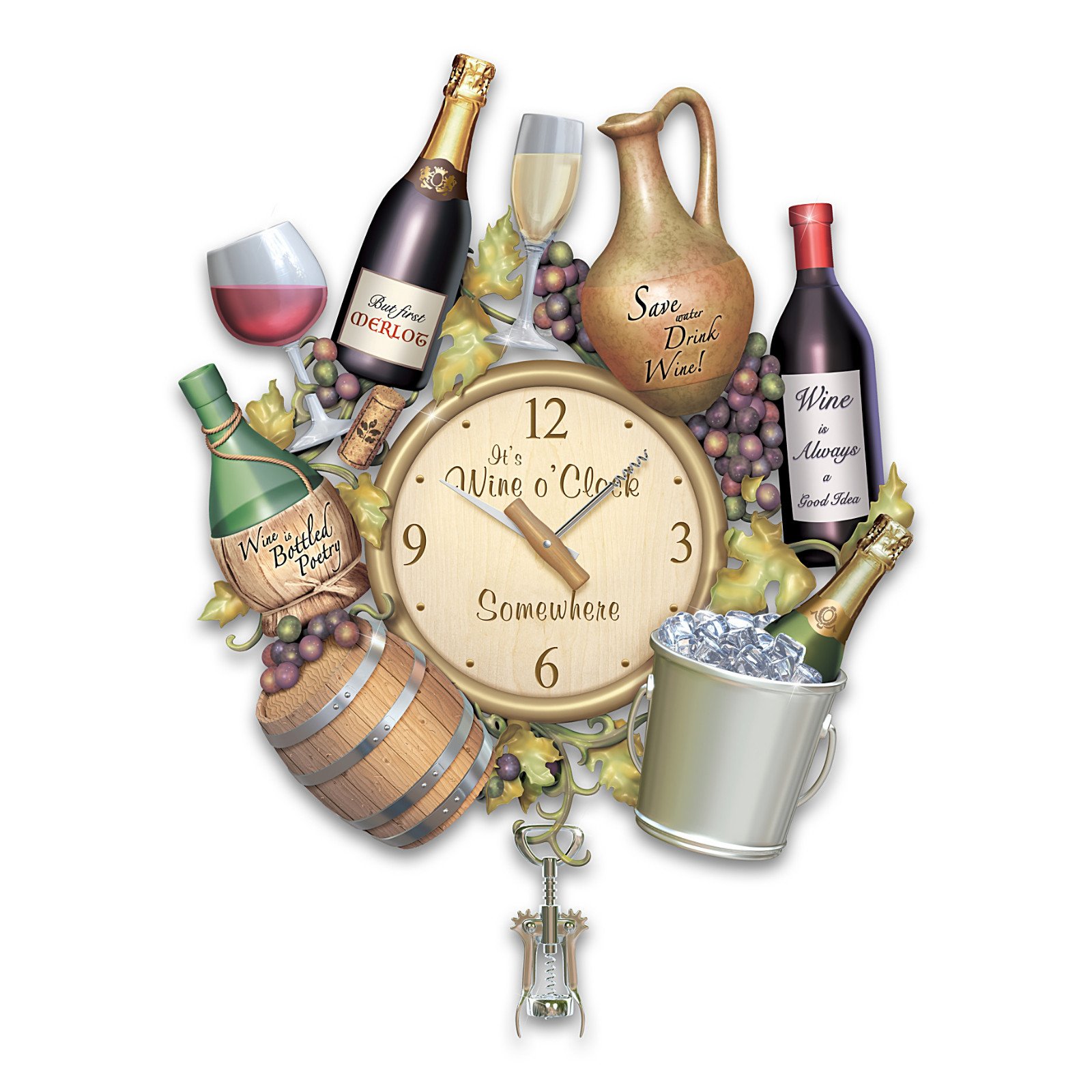 Bradford Wine O’clock A Wine Lover’s Sculptural Wall Clock Corkscrew Pendulum