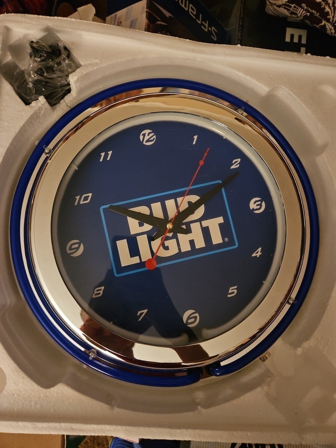 Bud Light Blue Lighted Analog Neon Clock Pull Cord With Power Adapter