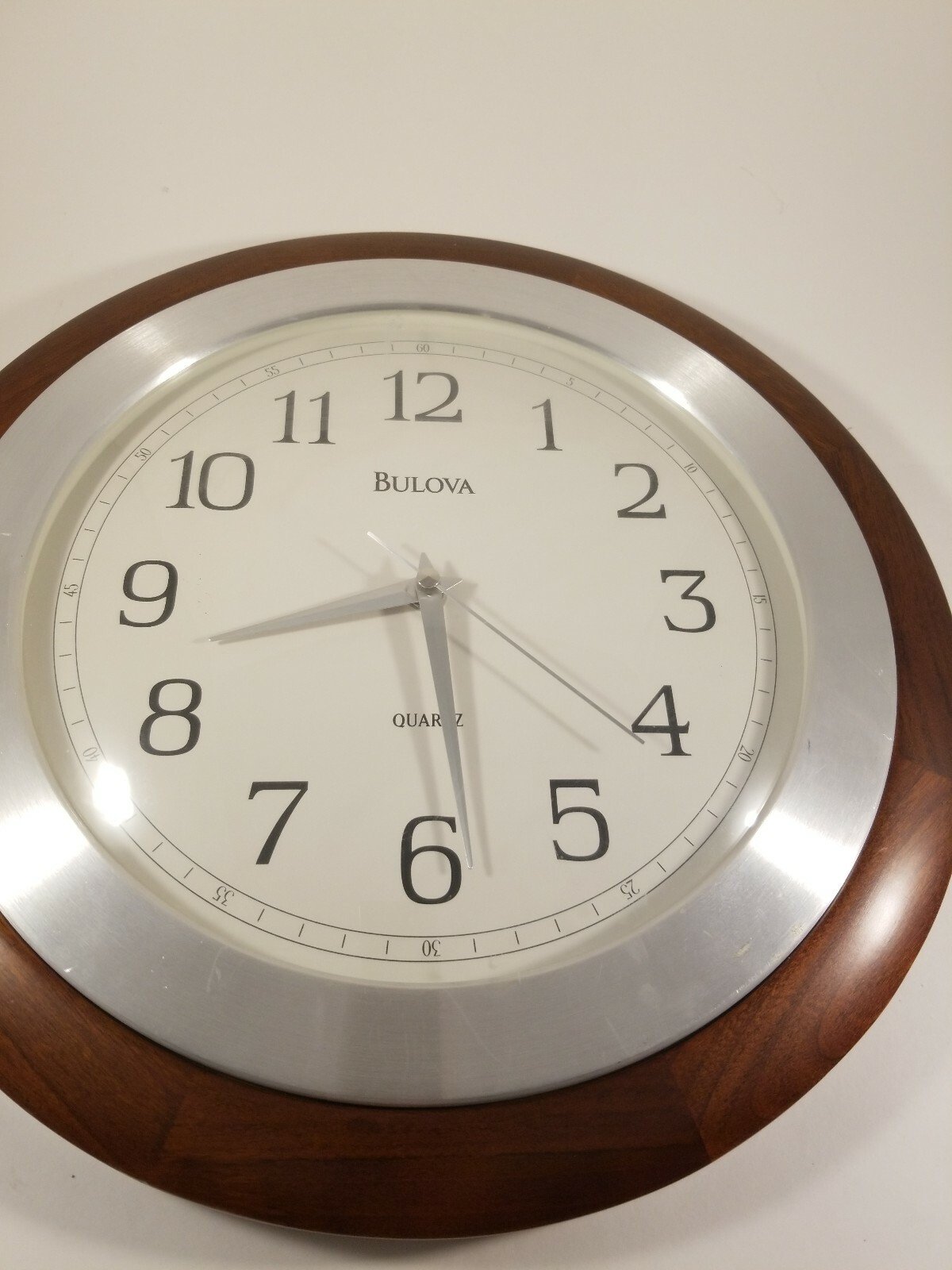 Bulova Round Wood Frame Wall Clock, 14" Diameter. Quartz