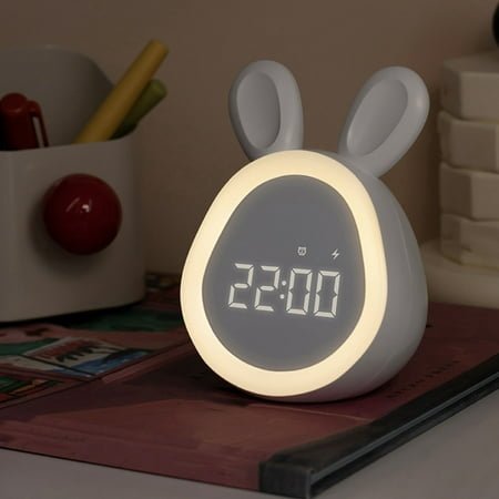 Bunny Alarm Clock With Night Light | Adjustable Brightness | Dual Alarms | 5 Ringtones | USB Rechargeable | Gray or Pink | Tap Control | Bedroom Decor | 4.41 x 3.46 x 2.89 in