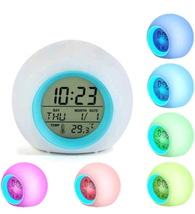 BZ Alarm Clock Kids, 7 Colors Change, LED Digital, Round, Battery, Temp Display