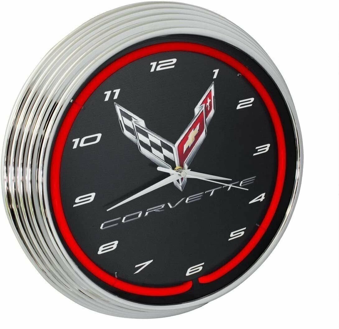 C8 Corvette Clock - 15" Neon Wall Clock with C8 Crossed Flags Logo