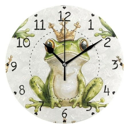 Cartoon Frogs with Crowns Round Wall Clock Silent Analog Battery Operated Black Pointer Home Decor 9.84 Diameter