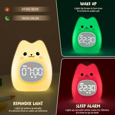 Cat Alarm Clock with Night Light for Kids with Sleep Training and Sound Machine, Rechargeable Silicone Lamp OK to Wake ClockCute Animal Tabletop Lamp, Perfect Sleep Companion for Boys Girls