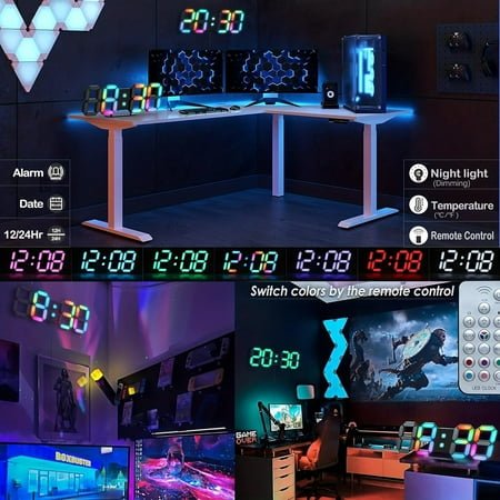 chdqwer RGB Clock for Gaming Desk Clock 9.7 3D LED Clock Digital Neon Clock for Bedroom Wall Digital Aesthetic Clock Light Clock for Gaming Room with Remote/Dimming/Date/Temperature