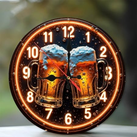 Cheers Neon Clock Beer Mug Toast 10-Inch Silent Wooden Wall Clock, Battery Operated (AA Batteries Not Included), Artistic Home Decor