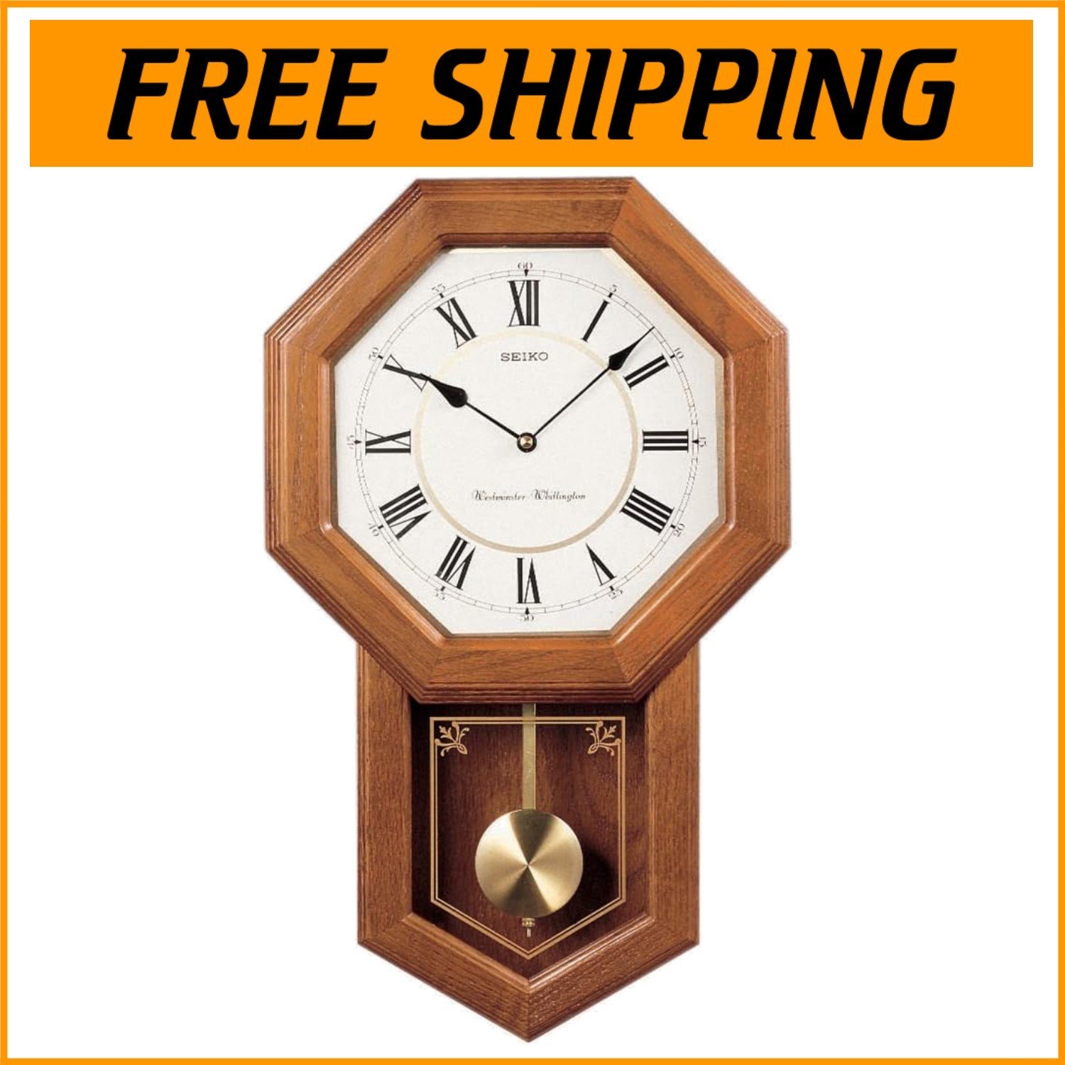 Classic Seiko Chiming Wall Clock in Light Oak with Metal Pendulum - 21.25x12.75”