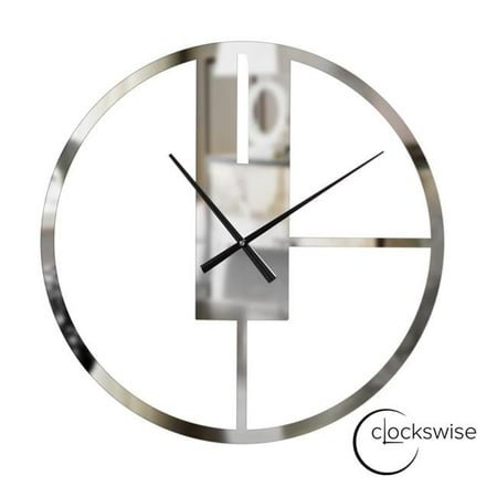 Clockswise QI004635 Modern Round Big Wall Clock with Mirror Face, Decorative Silver Metal 22.75 Oversize Timepiece, Hanging Supplies Included