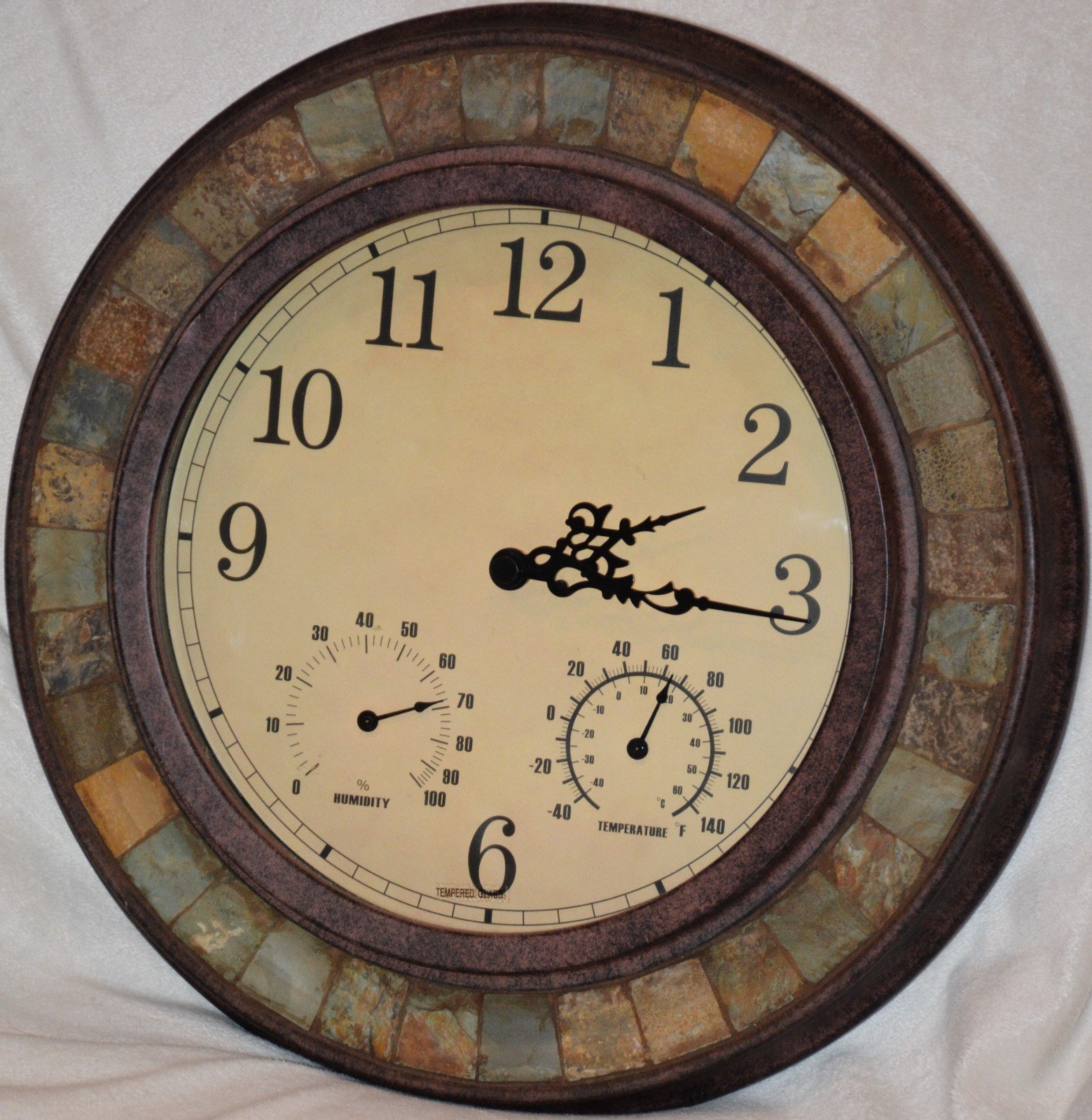 Clock Temperature Humidity Subdials Round Wall Tile Stone Stylish Timepiece 16in