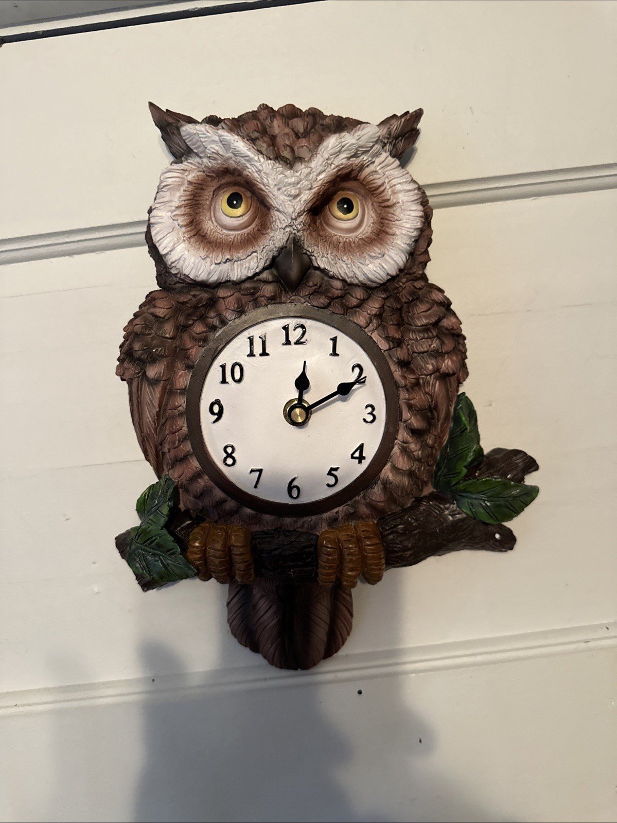 Collections Etc. 9x12 Inch Brown Resin Owl Painted Hanging Wall Clock. Beautiful