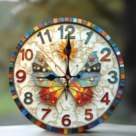 Colorful Butterfly Decor Wall Clock Unique Design 10-Inch Silent Wooden Wall Clock, Battery Operated (AA Batteries Not Included), Artistic Home Decor