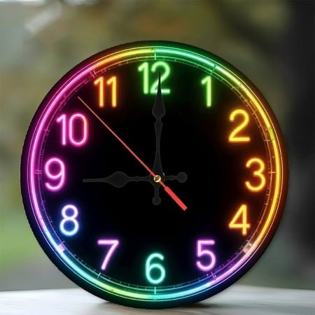 Colorful Neon Wall Clock with LED Lights for Home Decor 10-Inch Silent Wooden Wall Clock, Battery Operated (AA Batteries Not Included), Artistic Home Decor