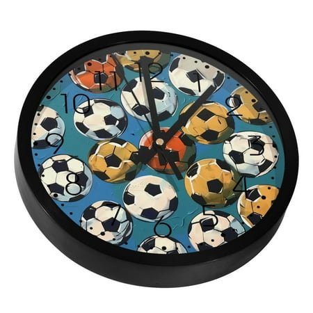 Colorful Soccer on Blue Silent Wall Clock, Non Ticking Battery Operated 9.8 Inch Wall Clocks for Bedroom Kitchen Home Office School Art Decor