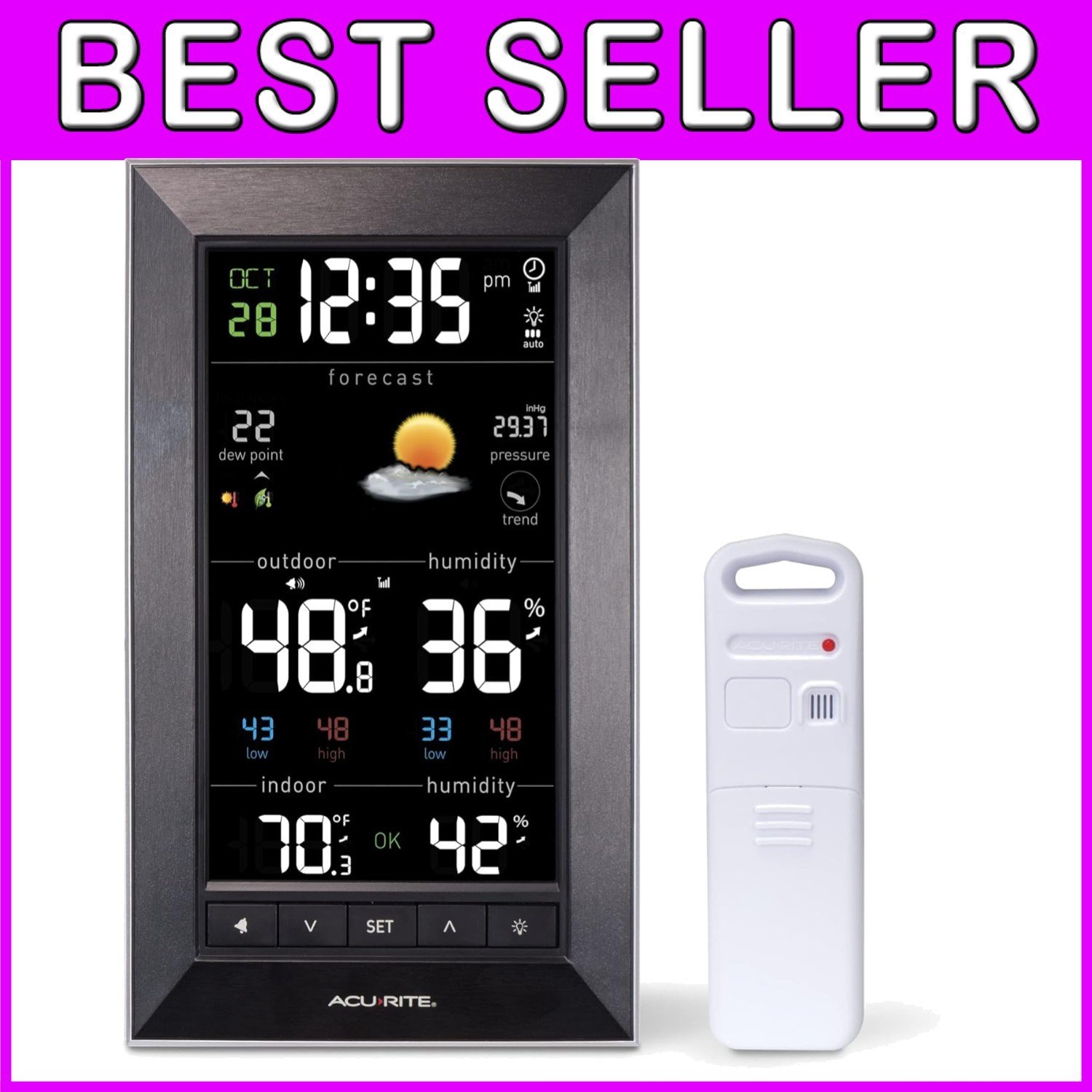Compact Digital Weather Monitor with Custom Alarms & 12-Hour Forecast - Black
