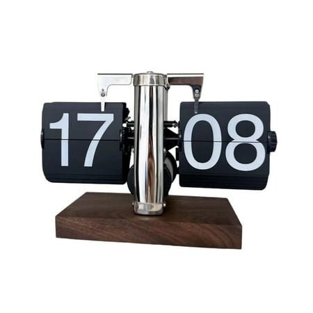Contemporary Retro Flip Clock Auto Time Display Metal Wood Quiet Office Decor