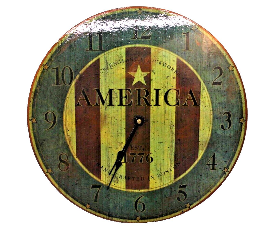 Country Americana Round Patriotic Themed Wood Wall Clock 12.5"