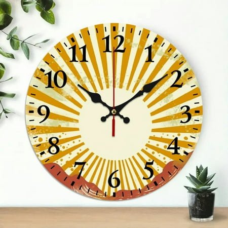 Creowell Round Wooden Wall Clock Sunburst Print Wall Art Decor 10 Inches Frameless Analog Clock for Living Rooms Kitchens Dorms 10x10in