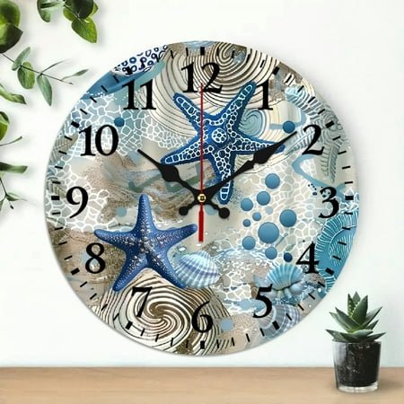 Creowell Starfish Shells Beach Theme 10 Inch Round Wall Clock 10x10in