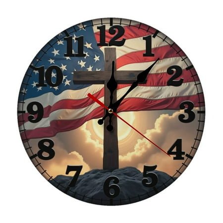 Cross American Flag Sunrise Wall Clock 10 Inch Silent Non Ticking Round Clock Decoration for Living Room Kitchen Bedroom Bathroom Office Classroom