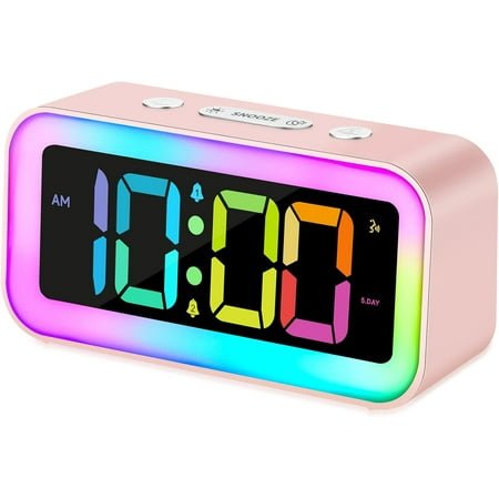 Cute Pink Loud Alarm Clock with RGB Night Light - Perfect for Girls Room Decor and Kawaii Gifts, Small Size for Bedside or Desk Lamp in Bedrooms, Ideal for Kids, Teens (Red A)