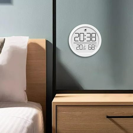 CUTICATE Digital Alarm Clock Wall Clock Round 7.4cm Battery Operated Versatile 12/24H with Temperature and Humidity for Office Stylish White
