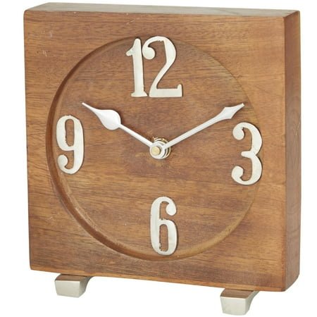 DecMode 6 Brown Mango Wood Clock with Silver Numbers and Hands