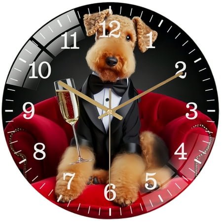 Decorative Clocks: Airedale in Tuxedo Glass Wall Clock ,Sharp Dressed Dog Collection Wall Clock ，Dog Lover Wall Clock for Homes, Bars, Offices, Man Caves, Garages, And Living Rooms. Style 12×12inch