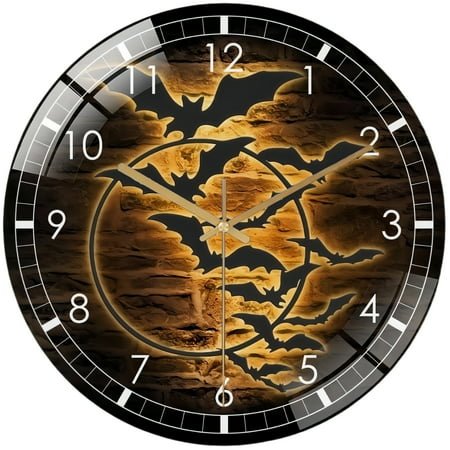 Decorative Clocks: Bat On The Moon Glass Wall Clock,Halloween Bat Wall Clock, Home Decor Black Horror Bird Dracula Decoration Man Cave Hanging Gift. Style 12×12inch(30×30cm)
