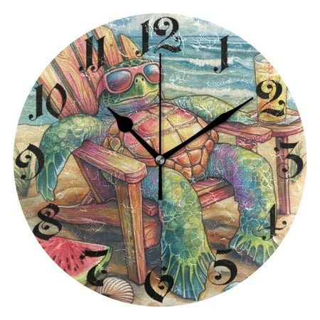 DEIARA Beach Turtles Burgundy Butterfly Wall Clock 10in Silent Mechanism Battery Operated Retro Style for Living Room Bedroom and Kitchen Black Pointer