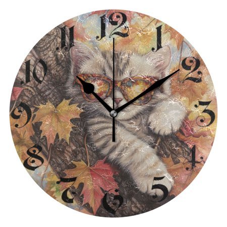 DEIARA Maple Leaf Cat Burgundy Butterfly Wall Clock 10in Silent Mechanism Battery Operated Retro Style for Living Room Bedroom and Kitchen Black Pointer