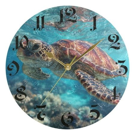 DEIARA Sea Turtle Burgundy Butterfly Wall Clock 10in Silent Mechanism Battery Operated Retro Style for Living Room Bedroom and Kitchen Gold Pointer