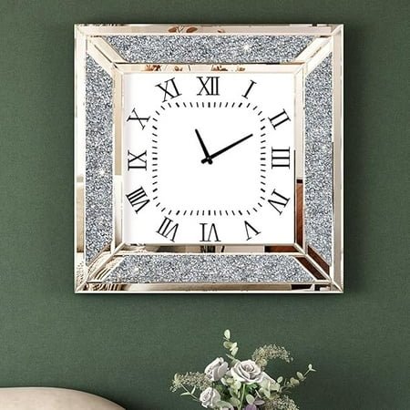 Deorative Wall Clock, 24 inch Large Mirrored Clock for Wall Living Room Decor, Crushed Diamond Home Decor, Glass Surface Mirror Frame