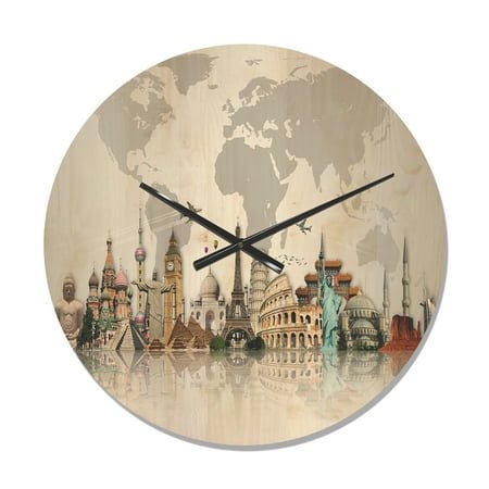 Designart 'World Famous Monuments' Modern Wood Wall Clock