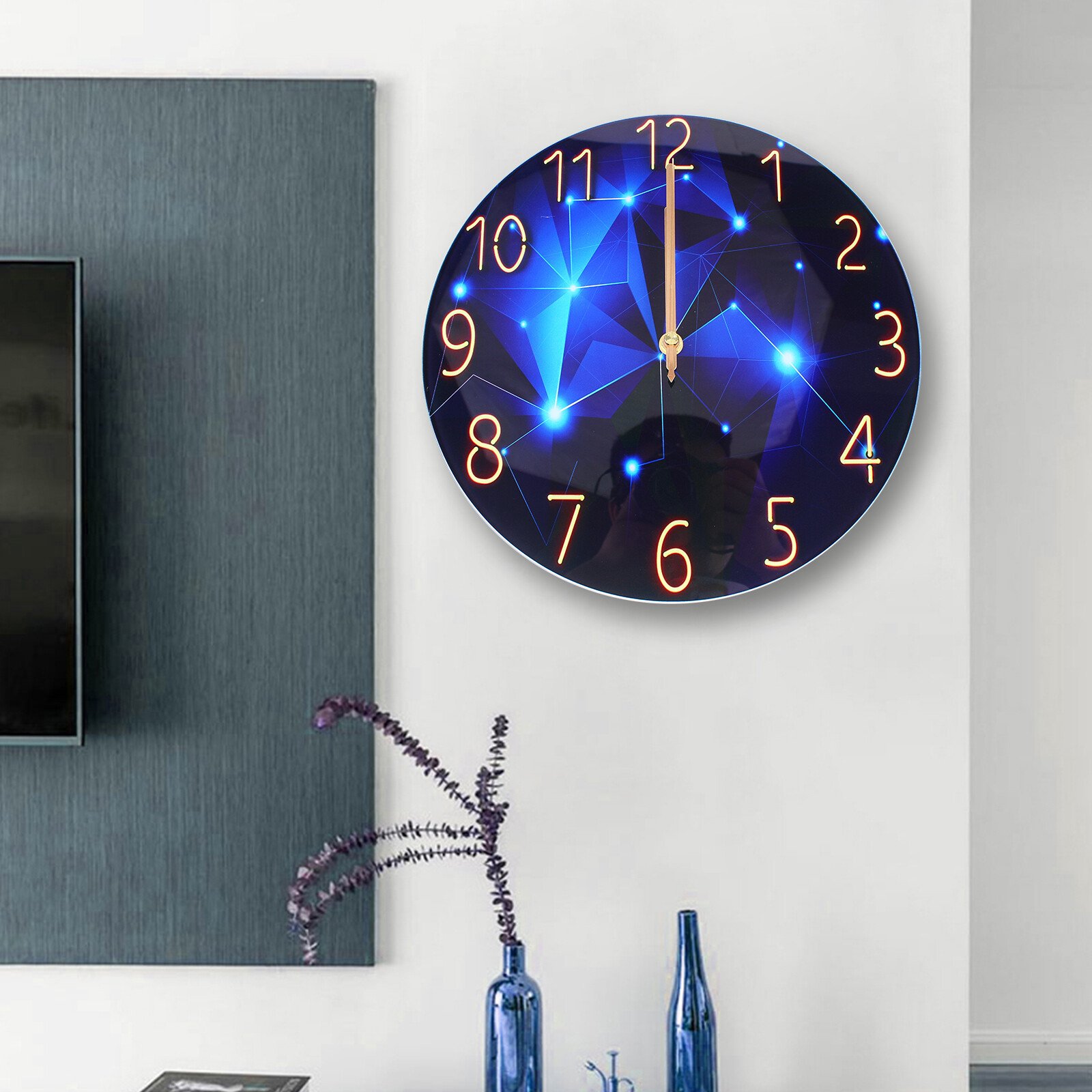 Diamond Large Wall Clock Blue Round Interior Modern Decorative Silent Wall Clock