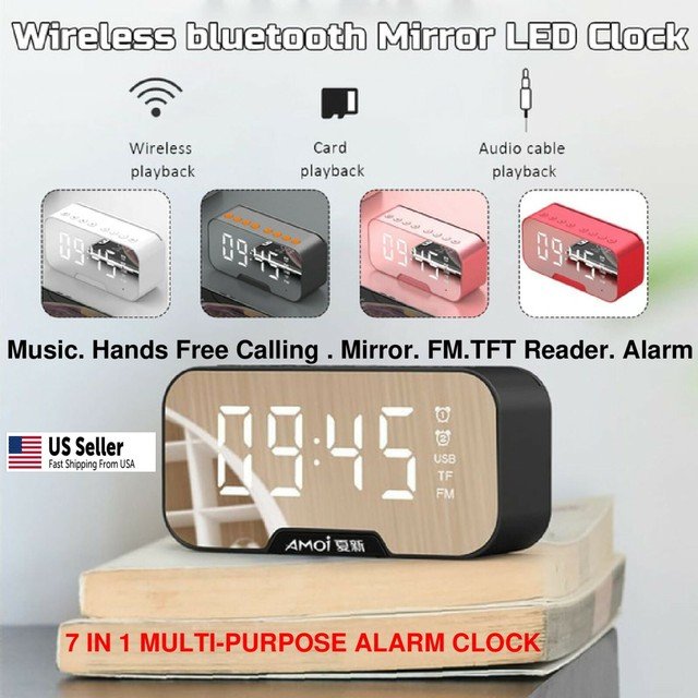 Digital Alarm Clock FM Radio Wireless Bluetooth Mirror LED With Speaker Portable