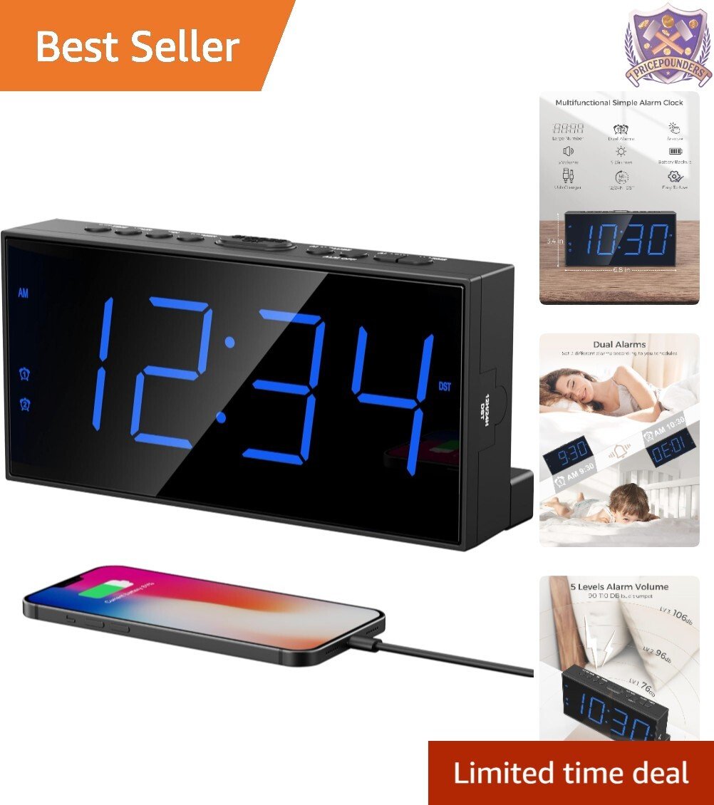 Digital Alarm Clock LED Bedside 7" Display USB Charger Volume Dimmer Heavy Sl...