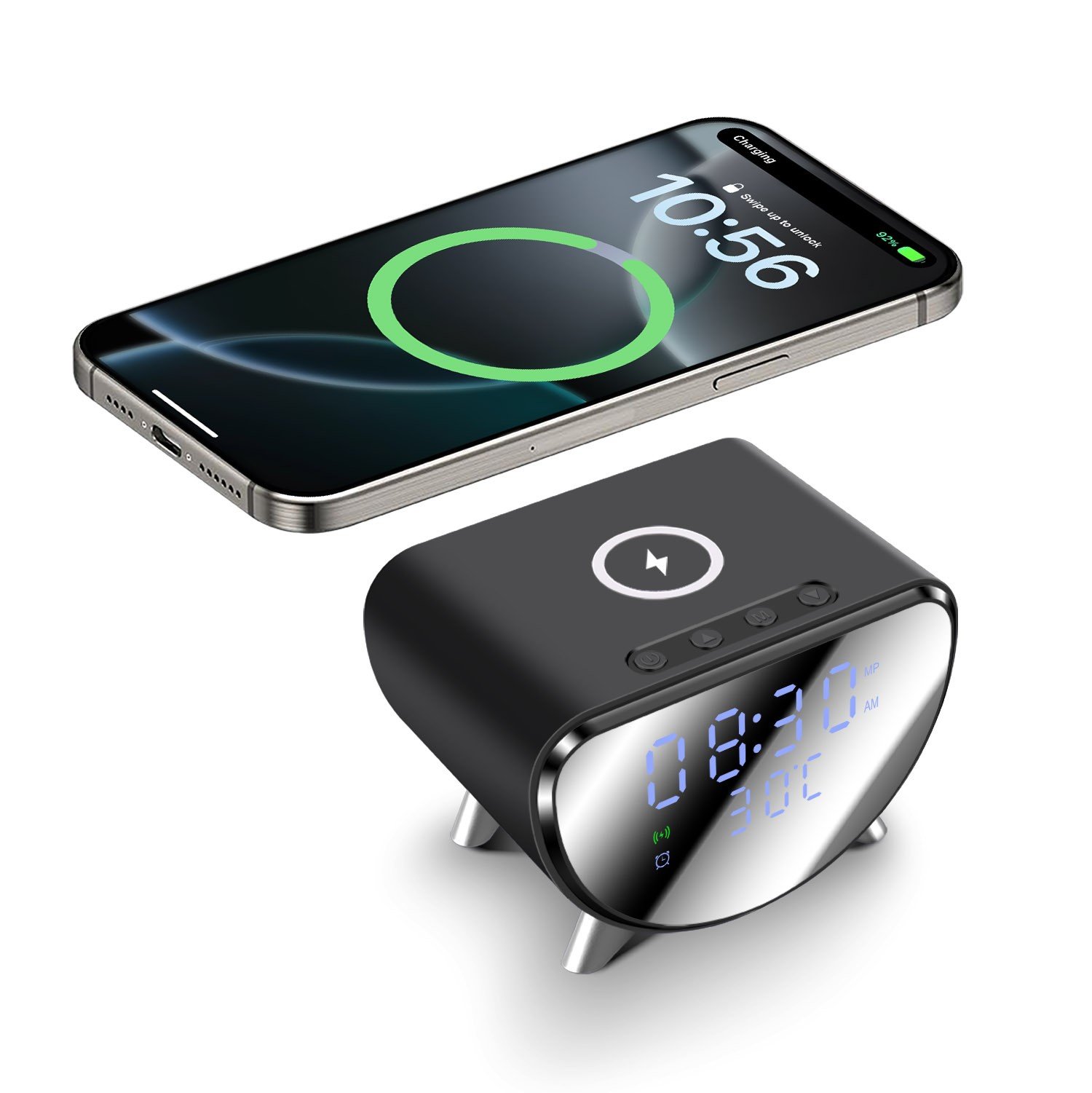 Digital Alarm Clock With 15W Wireless Charger Charging Dock Temperature Display
