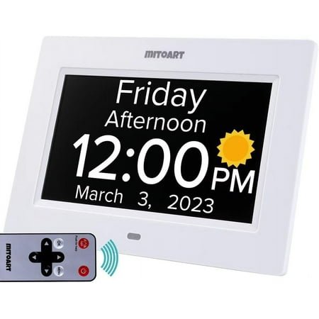 Digital Calendar Day Alarm Clocks for Seniors, 7 Inch Dementia Clocks with 8 Alarms, Remote Control, and Push for Help Button, Gifts for Alzheimer, Elderly or Impaired Vision,(White).