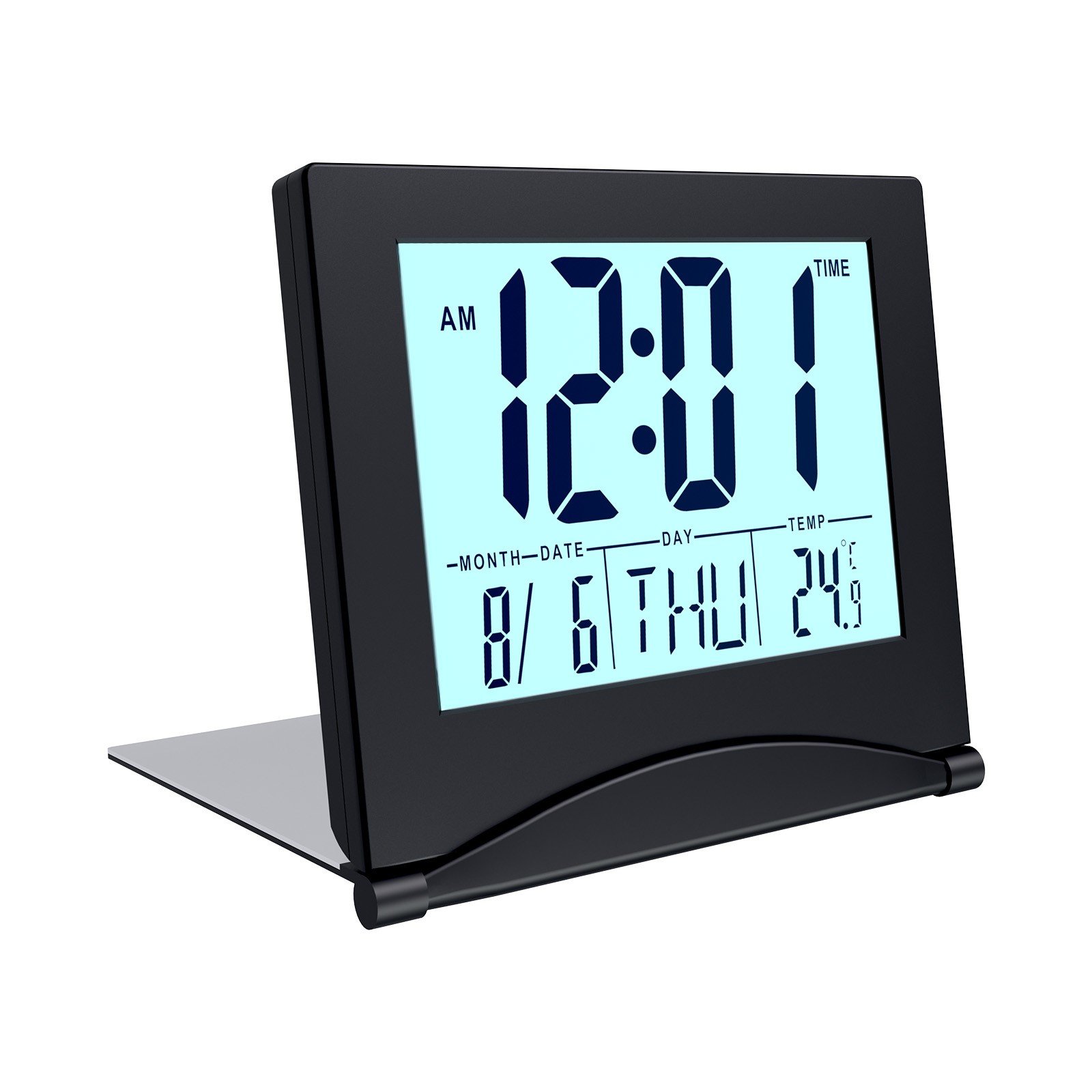 Digital Clock LCD Travel Alarm Foldable with Backlight - Black