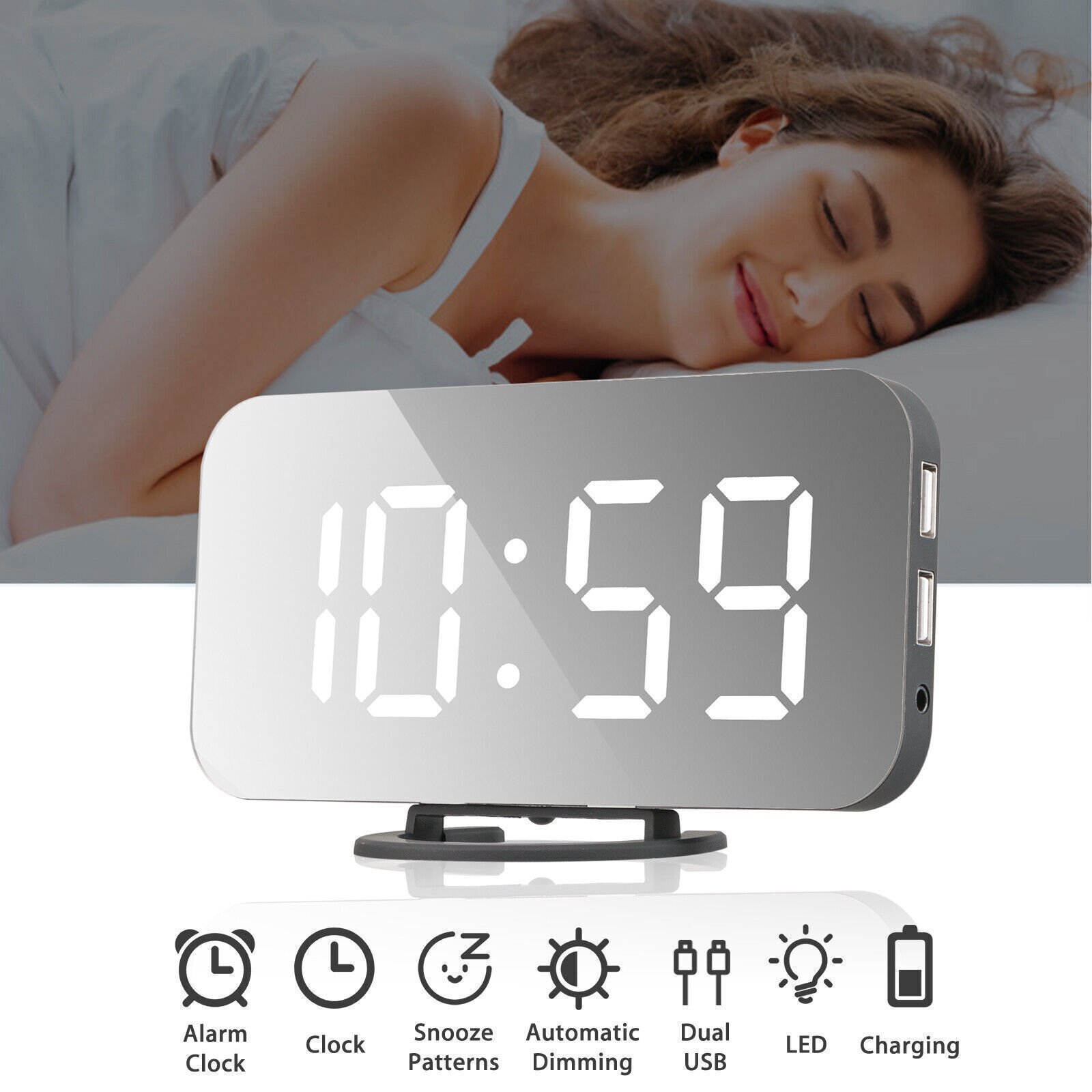 Digital LED Alarm Clock 12/24 Hour Display Mirror Snooze 2 USB Port Night Light