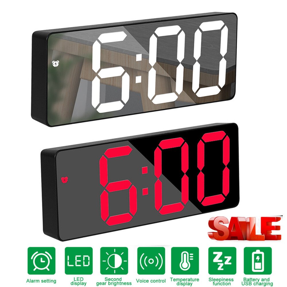 Digital LED Desk Alarm Clock Large Mirror Display USB Snooze Temperature Mode US