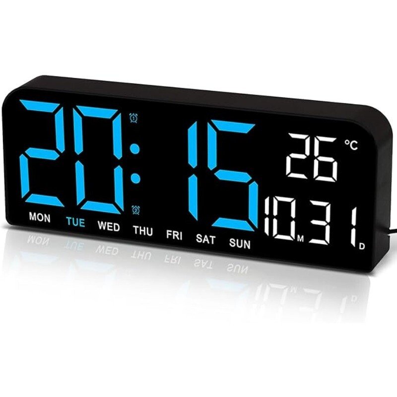 Digital Led Mirror Wall Clock Alarm Temperature Humidity 9" Large Display Night