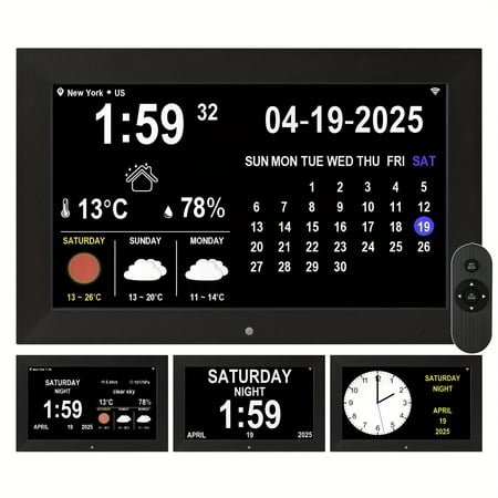 Digital Weather Clock with Temperature & Humidity Forecast, 12 Alarms, Color Display, Moon Phase, Calendar, USB/SD Slot for Photos/Videos – Home Office Wall Clock, Smart Home Compatible