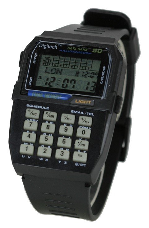 Digitech 50 Memory Data Bank Illuminator Calculator Wristwatch Black