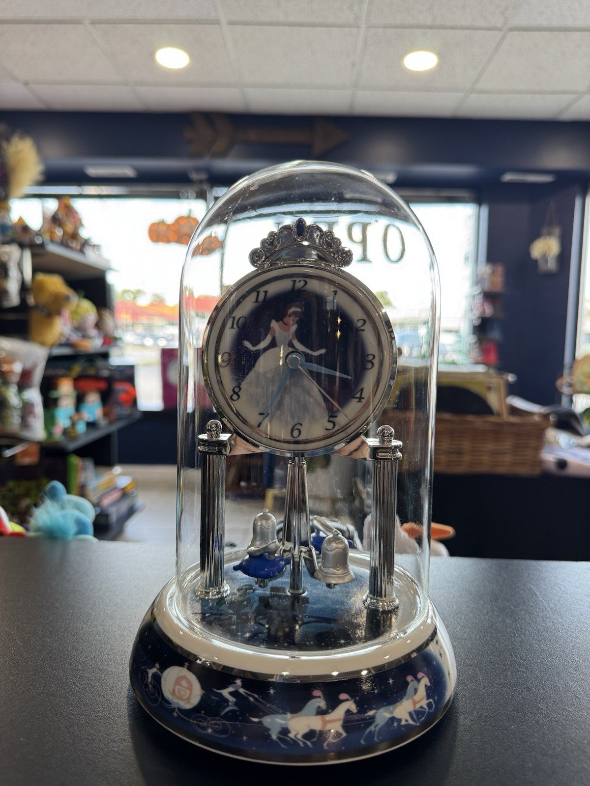 Disney Cinderella in Ball Dress Spinning Pendulum Clock With Glass Dome