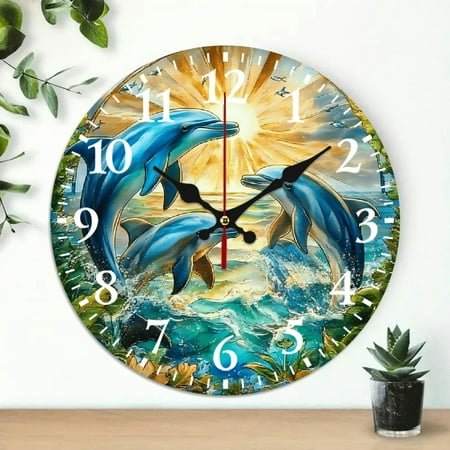 dolphins ocean sunburst Wooden Wall Clock Wall art Decor, Battery Operated (AA Not Included) Perfect for Living Room, Dorm, Bedroom, Kitchen, Home Office & More, Wall Clock Living Room