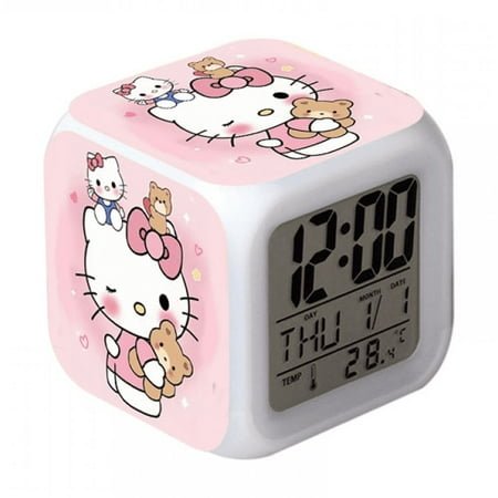DONNGZAE Digital Alarm Clock for Kids, Cartoon Hello Kitty Pattern 7 LED Color Changing Wake Up Clock with Thermometer Function and Night Light, Gift for Boys Girls A93-474 SLO526-0715