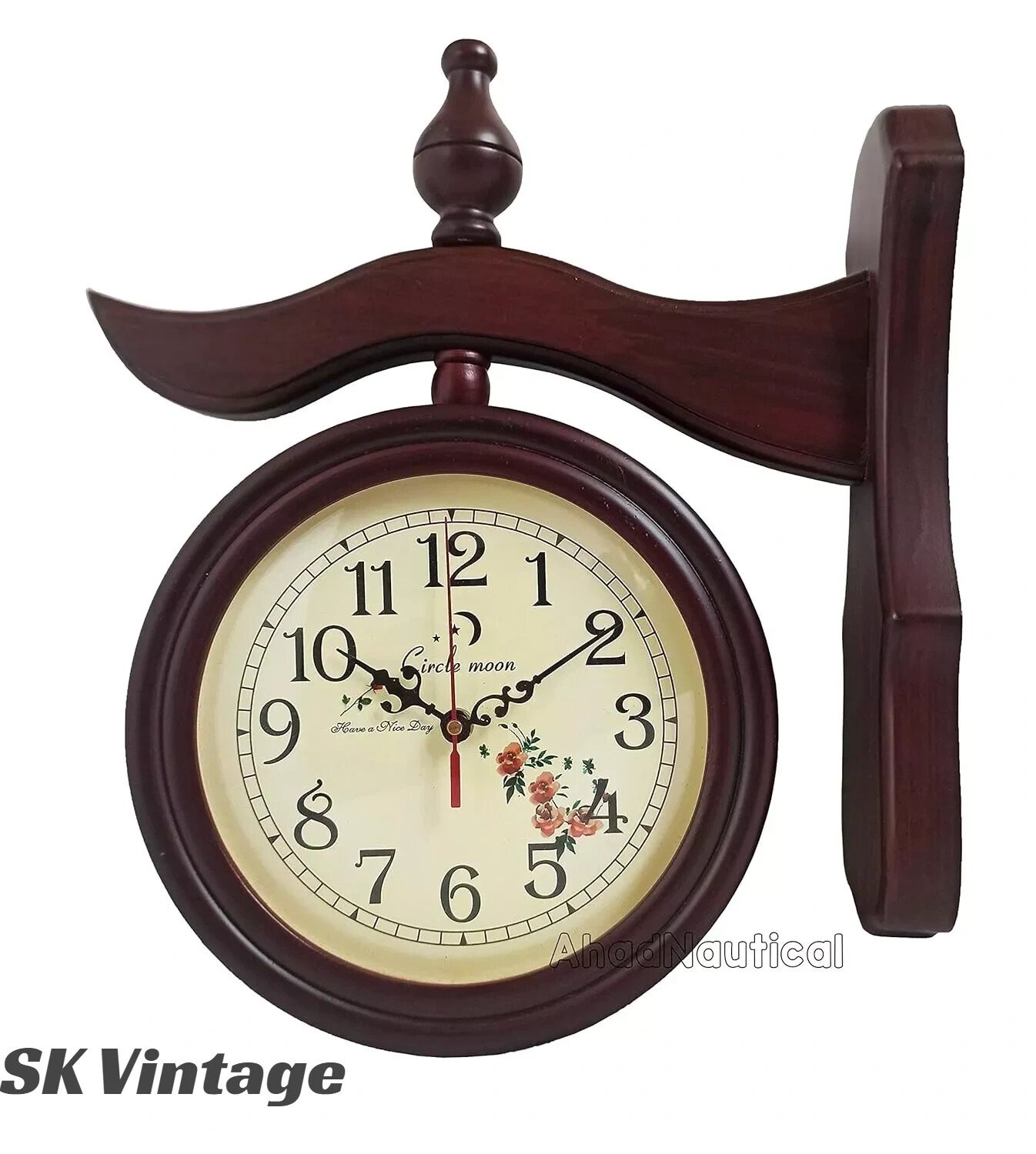 Double Sided Black wooden Wall Clock Antique Style station Christmas Decor New